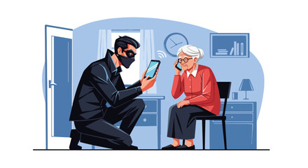 Fraud attempt shows masked man holding stolen smartphone in senior woman's house. Fraud criminal uses technology to commit crime and trick elderly lady, with open door in background,
