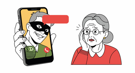 Phone scam featuring an ominous masked figure on smartphone screen targeting elderly woman victimized by fraudulent scheme.
