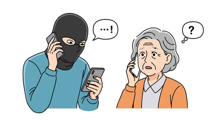 Phone scam unfolding, showing a masked man on cellphone and worried senior woman on phone. Phone scam involves criminal tricking elderly victim with fraudulent scheme. Warn about phone scam,