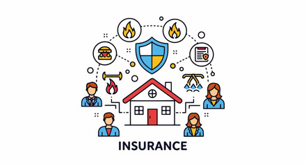 Home insurance outline concept showing a house surrounded by icons. Home insurance shows protection against perils like fire, theft, and liability.