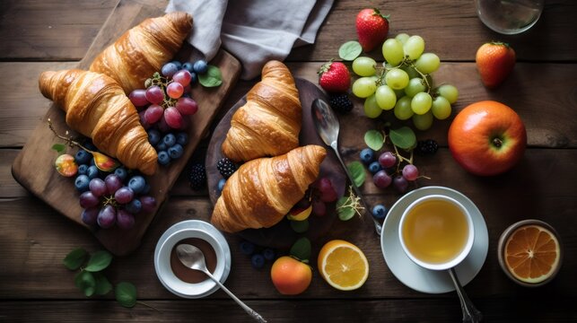 Delicious golden brown croissants and fresh fruit enjoying a healthy breakfast with tea