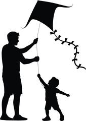 Father and Son Flying Kite Silhouette - Family Bonding Vector Art