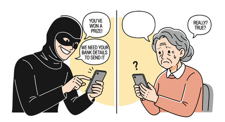 Cartoon depicts scam with hooded figure texting on phone, alongside worried senior woman also holding mobile device, illustrating potential fraud.