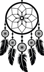 Dreamcatcher Silhouette with Feathers and Web Pattern - Tribal Boho Vector Art
