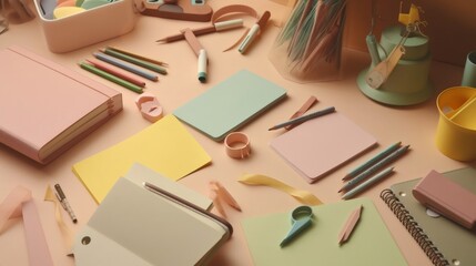 Colorful pastel stationery supplies creating a creative workspace on beige surface