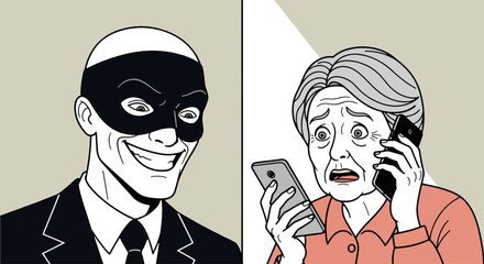 Illustration of fraud with a scammer tricking an elderly woman over the phone. Fraud involves a con artist preying on a senior citizen's vulnerability, making phone call in attempt to trick them.