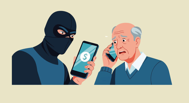 Online scam with an elderly man being duped by masked criminal via phone call. Concept of online scam, with thief stealing money from vulnerable senior during a fraudulent phone call.