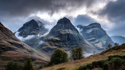 Fototapeta premium The majestic Three Sisters Mountains in Glencoe, Scotland, with mist swirling through the valleys and dramatic lighting illuminating the famous peaks.