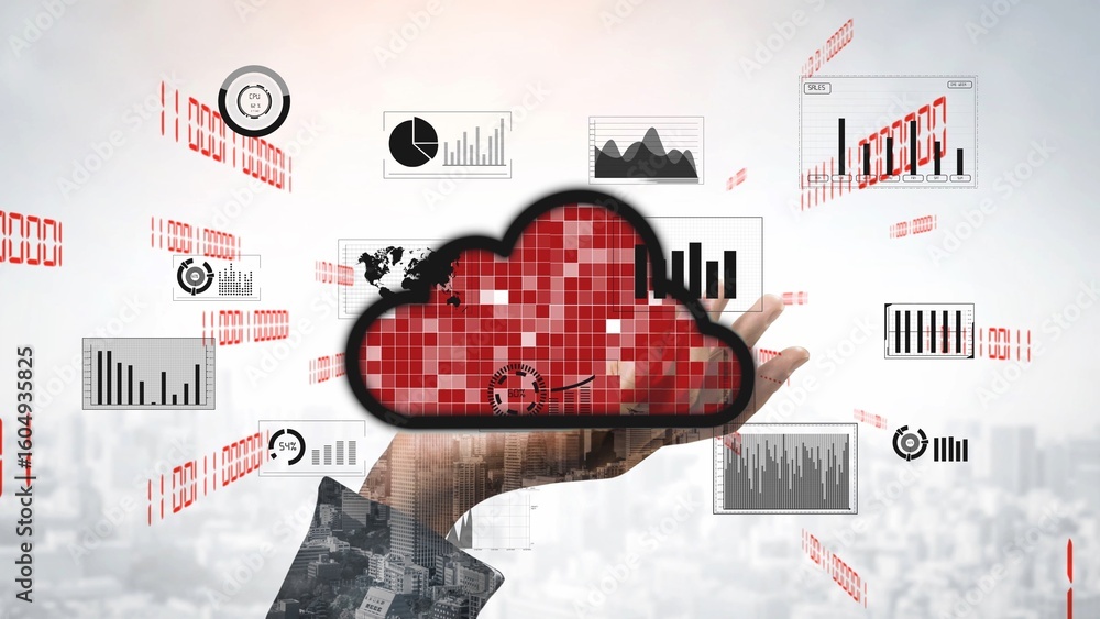 Poster a creative representation of cloud computing featuring data visualizations, charts, and analytics. t