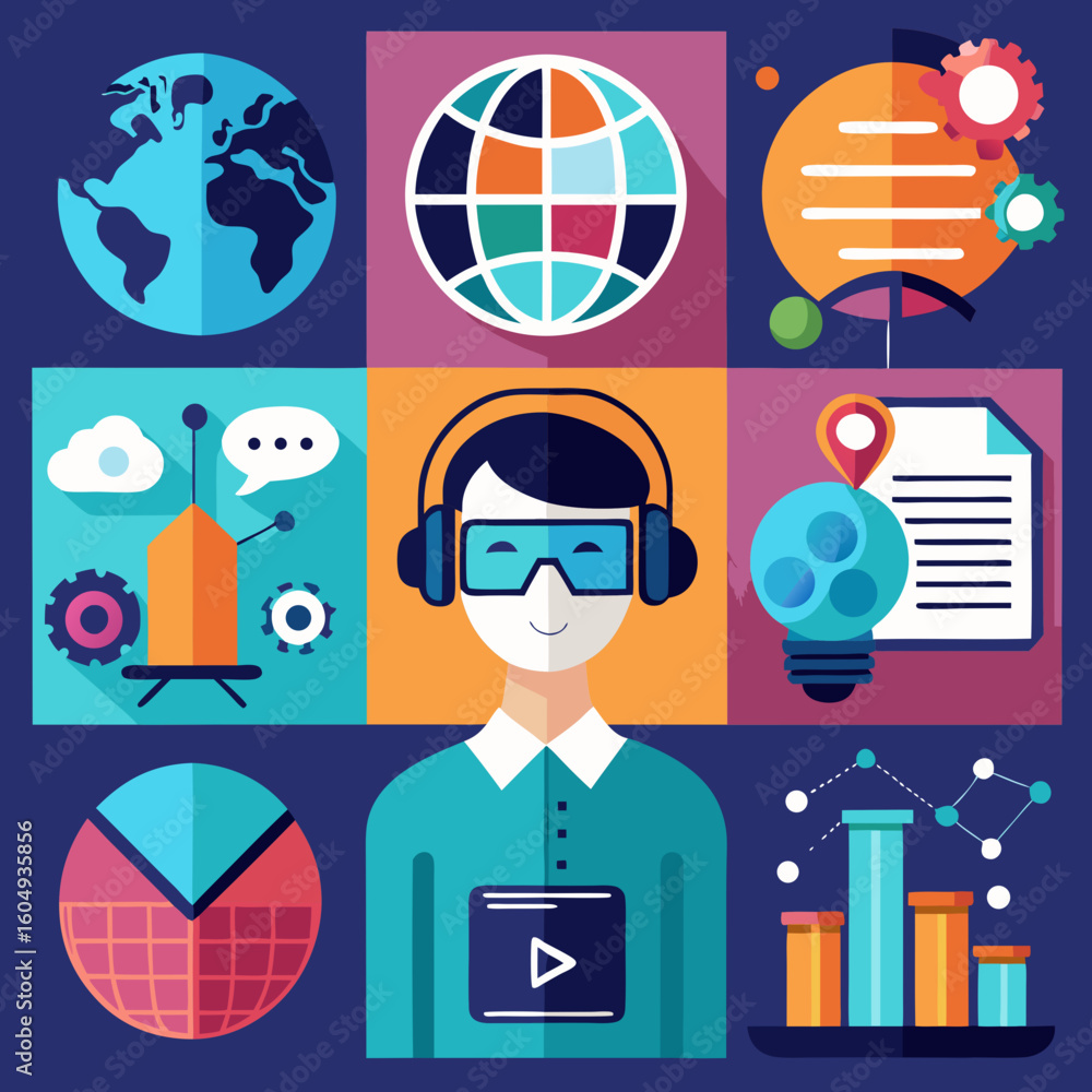 Poster flat design infographic elements representing global communication technology data analysis and digi