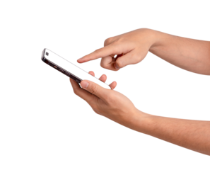 Hand using smartphone with blank screen isolated on transparent PNG.