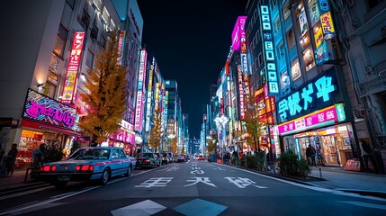 The neon-lit streets of Shinjuku, Tokyo, captured in a wide shot at night, showcasing the vibrancy and energy of the bustling downtown area.