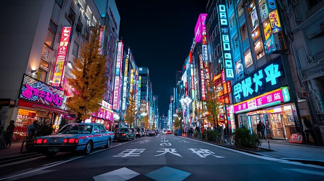 The neon-lit streets of Shinjuku, Tokyo, captured in a wide shot at night, showcasing the vibrancy and energy of the bustling downtown area.