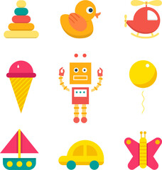 Flat Children Toys Icons Collection Set. Minimalistic vector illustrations for mobile apps, ui ux, advertisements, website.