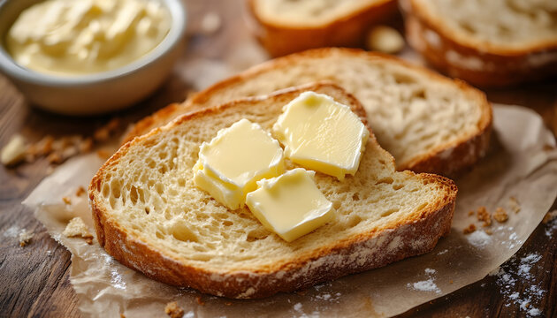 Toasted bread with butter and butter spread on a table food background banner