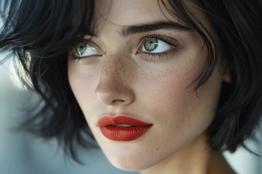 Beautiful brunette with redlips and bob hairs