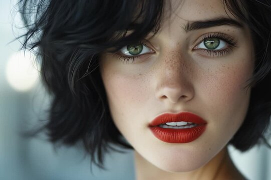 Beautiful brunette with redlips and bob hairs