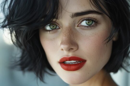 Beautiful brunette with redlips and bob hairs