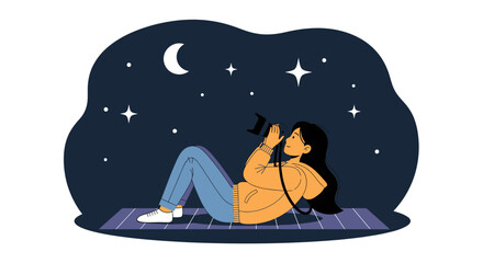 Capturing Celestial Wonders Girl Taking Pictures Under Moonlight And Stars
