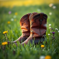 cowboy boots in meadow