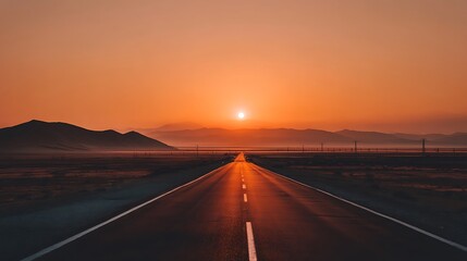 Fototapeta premium A Stunning Sunset Over a Long, Straight Highway Leading to Distant Mountains
