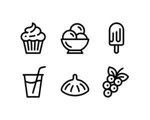 Collection of six food and drink icons in a clean silhouette style isolated on white background