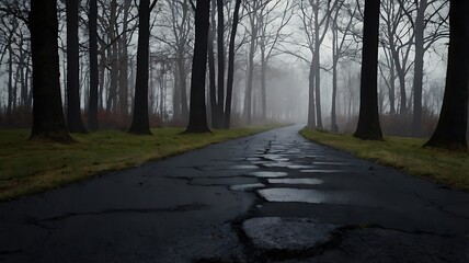 Obraz premium Road winding through autumn forest with morning fog and yellow leaves