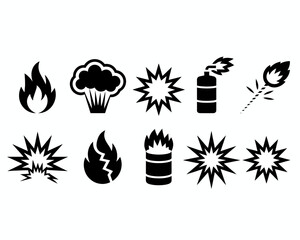 Collection of black silhouette icons including fire broccoli explosion and flame barrel isolated on white background silhouette