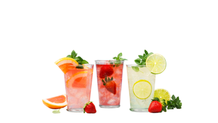 three refreshing fruit drinks with citrus and berries
colorful summer beverages with mint and ice
iced citrus mocktails with strawberries and lime