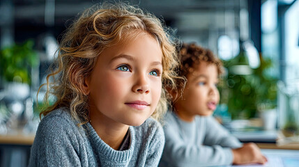 Fototapeta premium Future Kids – Kinder im Zentrum einer Zukunftsschule mit interaktivem Lernen, digitalen Interfaces und menschlicher Nähe. Bildung neu gedacht mit Technologie, Wärme und visionärer Architektur.