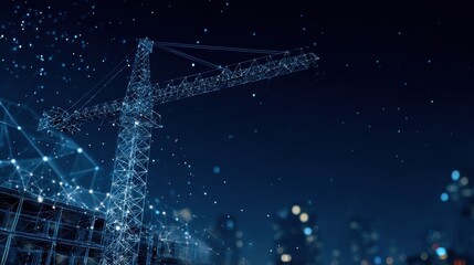 Digital plexus crane on a a construction site. Futuristic building technology and engineering concept.