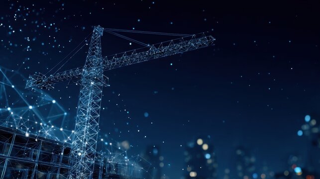 Digital plexus crane on a a construction site. Futuristic building technology and engineering concept.