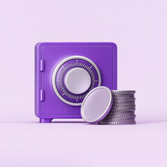 3D Purple Safe with Coins – Secure Savings, Vault Storage, or Financial Protection Icon in Minimal Style
