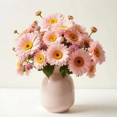 Beautiful pink daisies arranged in a soft pink vase bringing warmth to any space