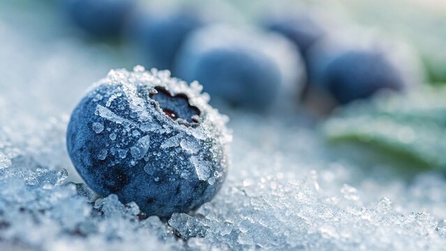 Frozen Blueberries Covered in Ice Crystals Fresh Berry Close-Up for Winter, Food Preservation, and Organic Fruit Concepts