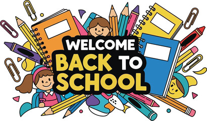 Vector art of a colorful backtoschool illustration with books, pencils, and happy children