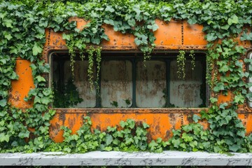 Rusty orange train car reclaimed by nature, overgrown with vibrant green ivy.