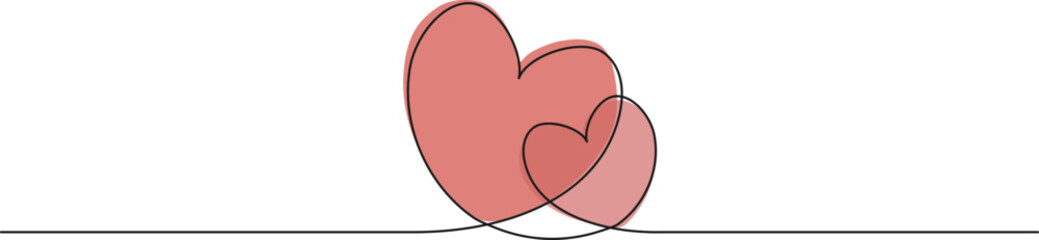 continuous single line drawing of two hearts, love and romance symbol, line art vector illustration