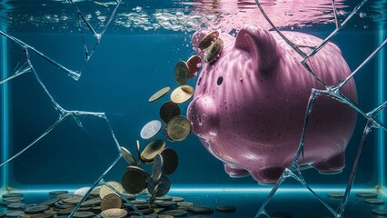 Piggy bank submerged in cracked glass tank with floating coins, underwater photo illustration symbolizing drowning in debt, financial pressure, and bankruptcy
