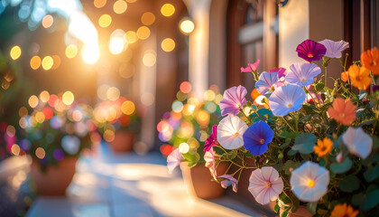 玄関先を彩る朝顔とコスモス、夏から秋への季節の移ろいを感じる美しい鉢植えの風景