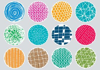 Set of 12 colorful circular abstract patterns featuring hand-drawn textures, perfect for branding, digital artwork, prints, and background design.