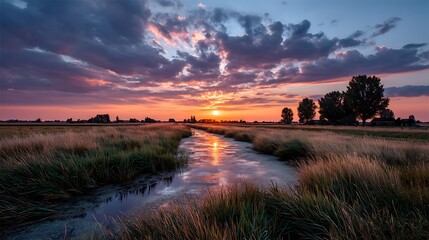 The sun setting over the Dutch polder landscape near Gouda, with flat fields and windmills dotting the landscape, reflecting the charm of the countryside.