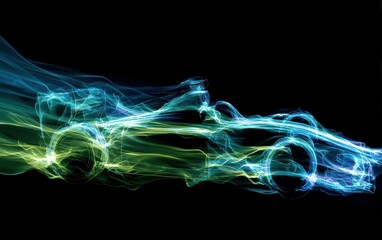 A sleek racing car outlined in ethereal blue and green light trails, an abstract representation of velocity and innovation.