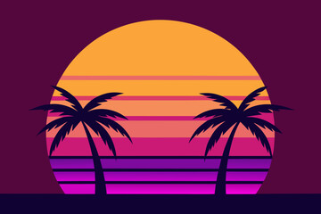 Retro sunset with palm trees on a beach