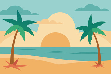 Tropical beach sunset with palm trees and calm ocean