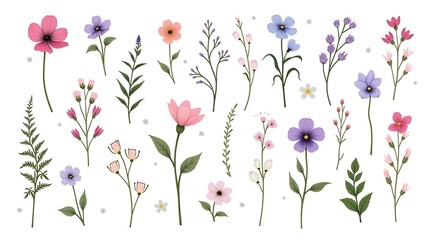 Spring flower vector illustration with pink blossoms and green leaves creates a beautiful floral design