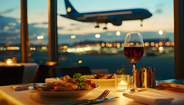 A Luxurious Dining Experience at the Airport with Gourmet Meals Overlooking Airplanes Taking Off