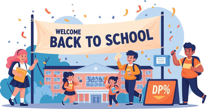 Vector art of a joyful illustration welcomes students back to school with children, a school building, and promotional elements on an isolated white background