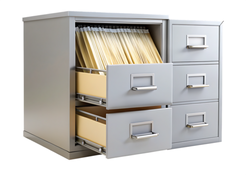 open file cabinet with paper documents isolated  on white background PNG, AI GENERATED