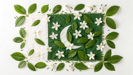 A vibrant Pakistan flag crafted with fresh leaves and jasmine blossoms celebrating independence day